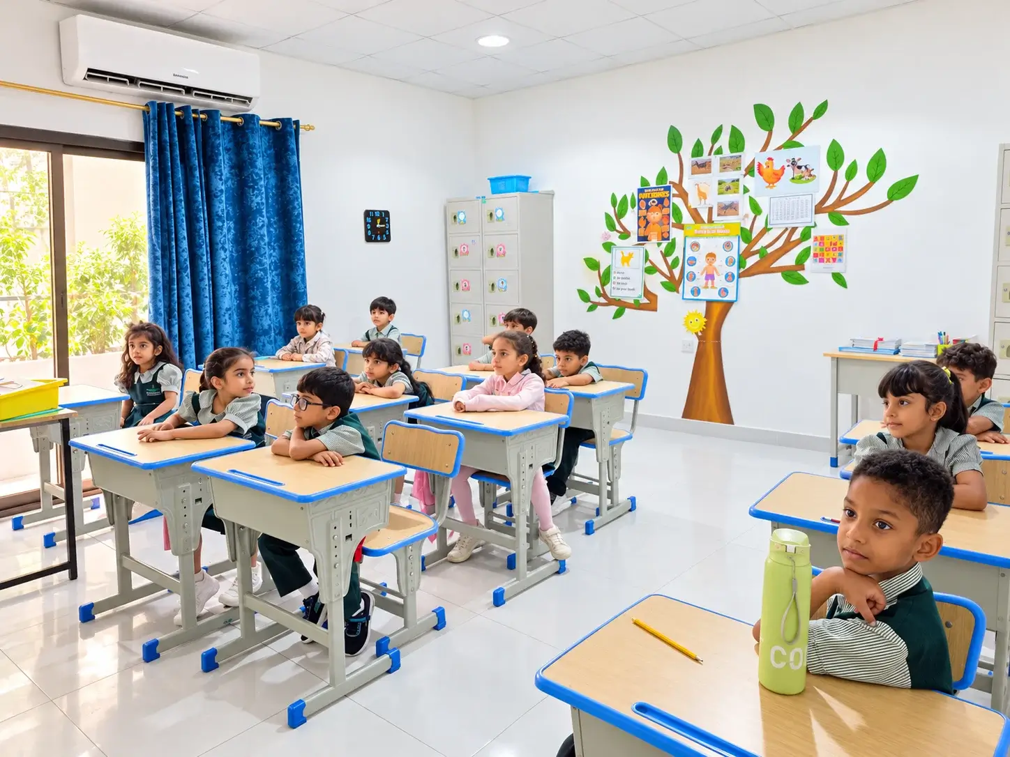 Children working at their desks in a bright classroom at Al Fasaha Private School
